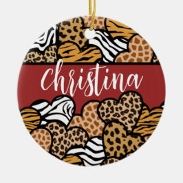 Girly Red Playful Animal Print Herds Name Keramik Ornament
