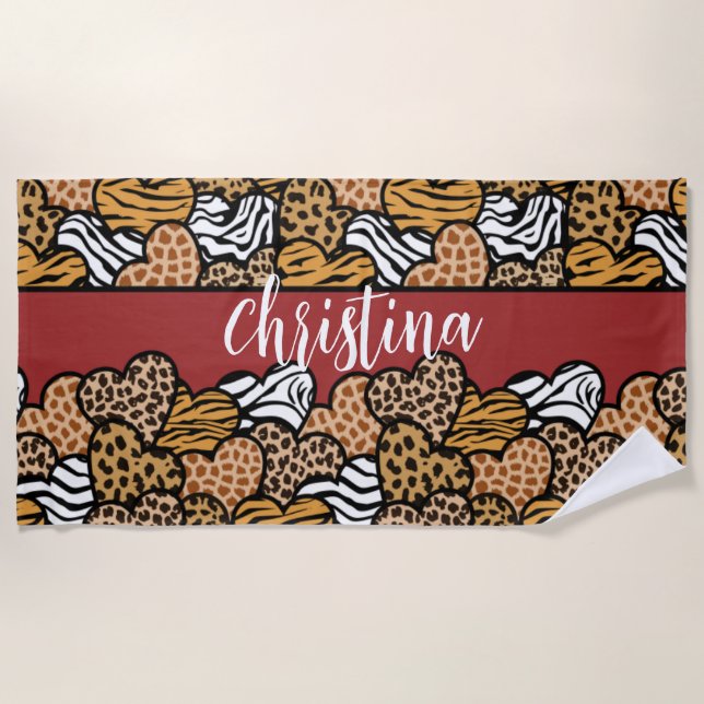 Girly Red Playful Animal Print Herds Name Strandtuch (Vorderseite)