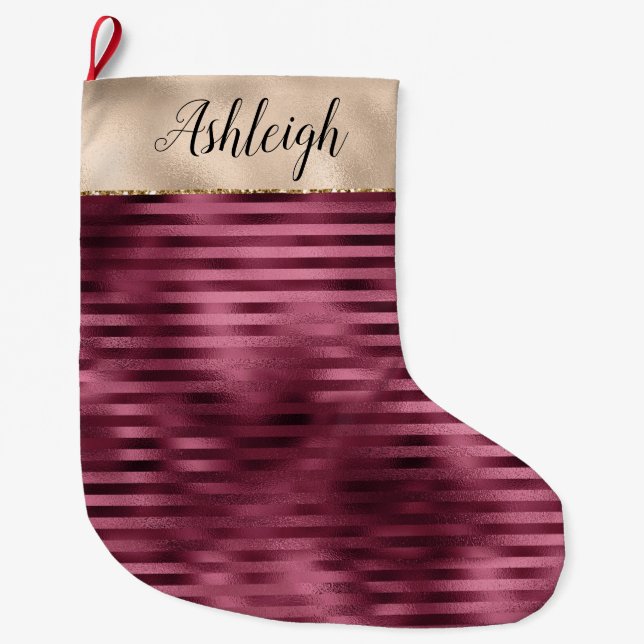 Girly Red Stripes Gold Glam Großer Weihnachtsstrumpf (Vorderseite)