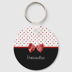 Girly Red und Black Polka Dot hören Bow mit Namen Schlüsselanhänger