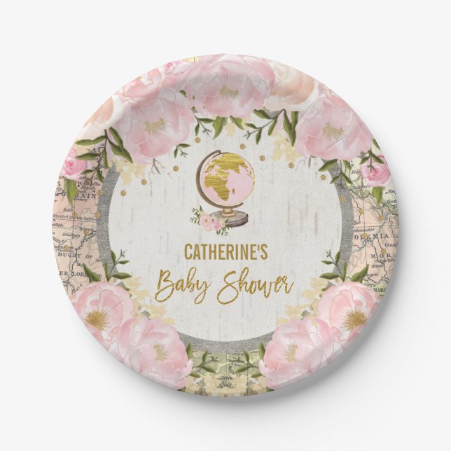 Girly Reise-Karte/rosa GoldblumenBabyparty Pappteller (Vorderseite)