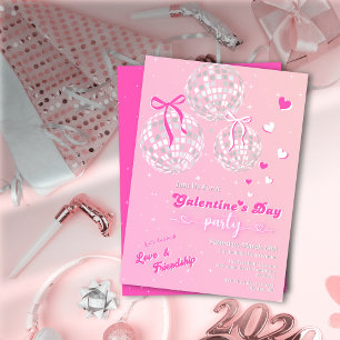 Girly Retro Pink Silver Disco Ball Galentine's Day Einladung