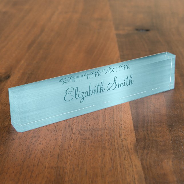 Girly Robin Egg Blue Faux Metallic Foil Namensplakette (Seite)