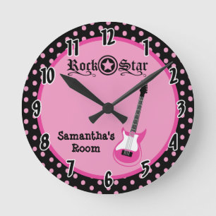 Girly Rock Star Pink Guitar Personalized Clock Runde Wanduhr