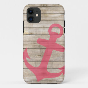 Girly rosa Anker-und Holz-nautischblick iPhone 11 Hülle