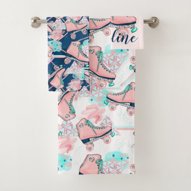 Girly rosa Aqua-Rollen-Skate personalisiert Badhandtuch Set (Insitu)