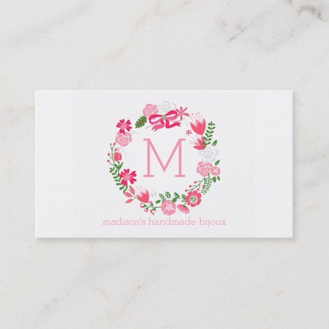 Girly rosa Blumenwreath-personalisiertes Monogramm Visitenkarte (Vorderseite)