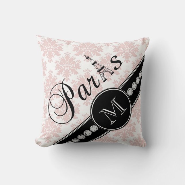 Girly rosa Damast-Schwarz-Paris-Monogramm Kissen (Vorderseite)