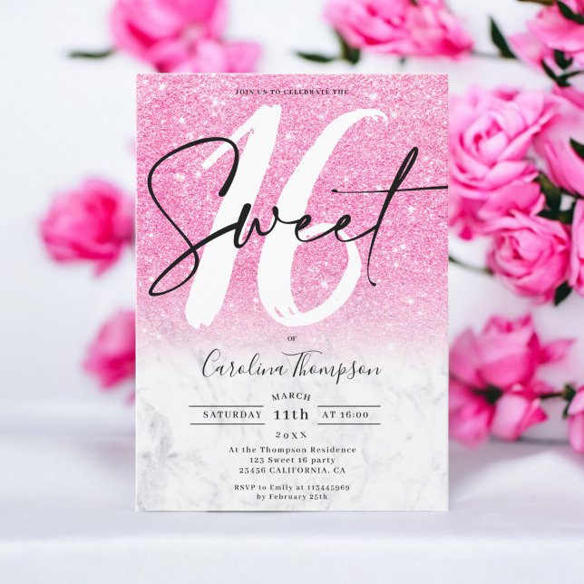 Girly rosa Glitzer Randmarmor Foto Sweet 16 Einladung (Girly pink glitter border marble photo Sweet 16 Invitation)