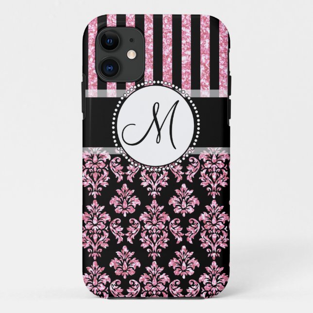 Girly, rosa Glitzer, schwarzer Damast Ihr Case-Mate iPhone Hülle (Rückseite)