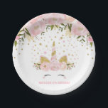 Girly rosa Goldblumenunicorn-Geburtstags-Party Pappteller<br><div class="desc">Rosa und die weibliche Goldpapierplatten-Aufmachung erröten rosa Watercolor-Blumen und ein hübscher Unicorn</div>
