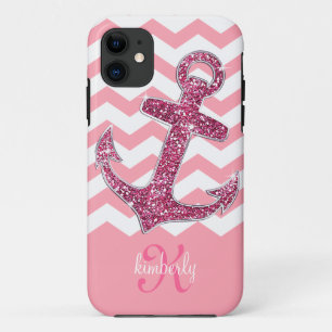 Girly rosa Imitat-Glitzer-Anker-Zickzack Monogramm title_seo2