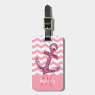 Girly rosa Imitat-Glitzer-Anker-Zickzack Monogramm Gepäckanhänger