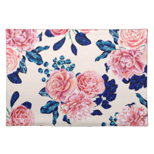Girly rosa Marine-Blau-Land gemalte Blumen Stofftischset