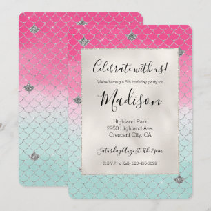 Girly Rosa Mint Silber Glitter Meerjungfrau Einladung