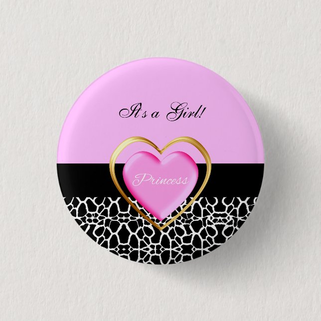 Girly rosa schwarze Prinzessin Giraffe Print und Button (Vorderseite)