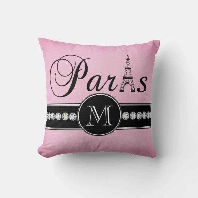 Girly rosa schwarzes Paris mit Monogramm Kissen (Vorderseite)