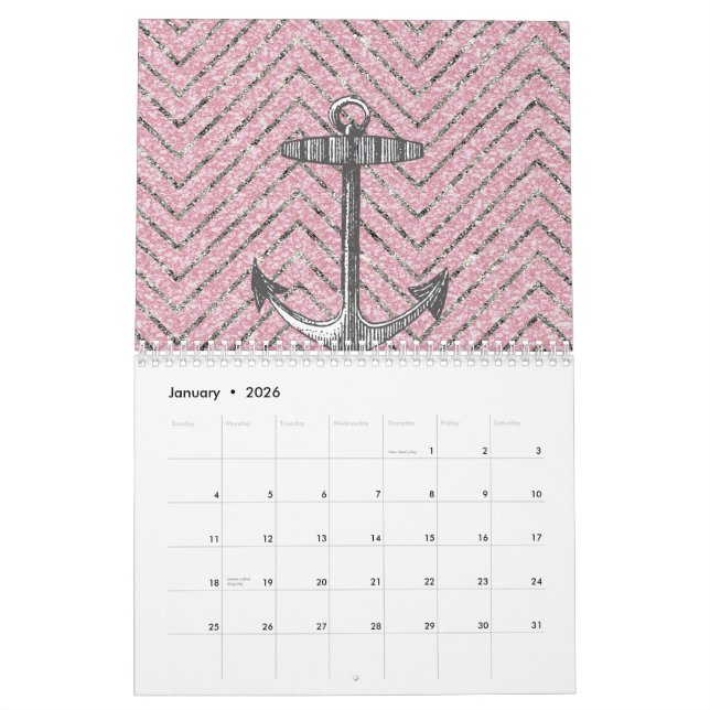 Girly rosa silberner Glitzer-Zickzack Muster-Anker Kalender (Jan 2026)