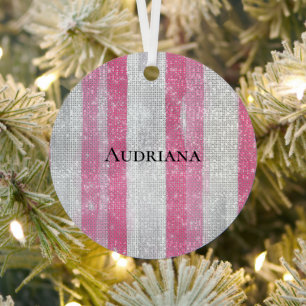 Girly Rosa Silberstreifen Glitzer Weihnachten Ornament Aus Metall