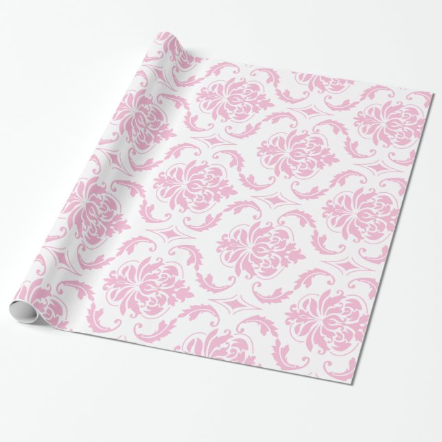 Girly rosa weißes Vintages Damast-Muster Geschenkpapier (Ungerollt)