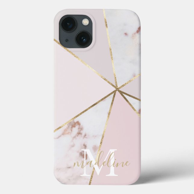 Girly Rose Gold Blush Geometric Monogram iPhone 13 Case-Mate iPhone Hülle (Rückseite)