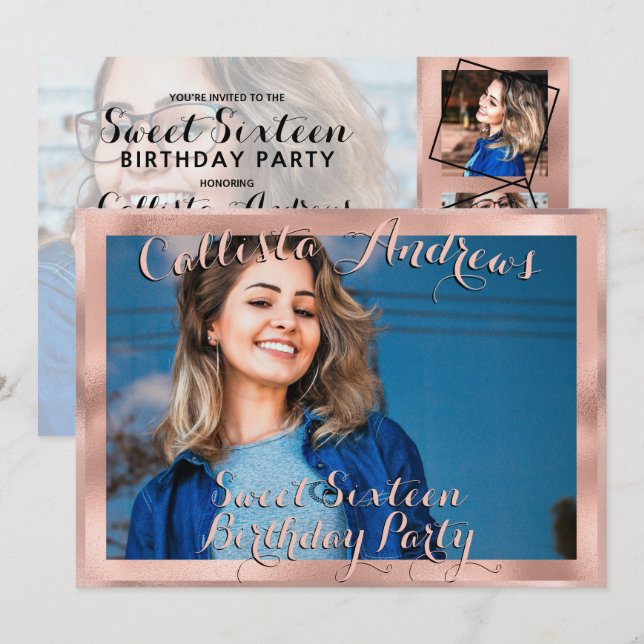 Girly Rose Gold Border Foto Collage Sweet 16 Einladung (Vorne/Hinten)