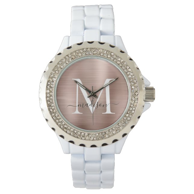 Girly Rose Gold Brushed Metal Monogram Script Name Armbanduhr (Vorderseite)
