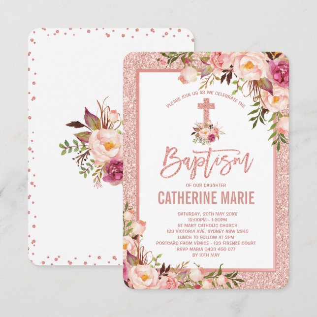 Girly Rose Gold Floral Baptisse Baby Girl Einladung (Vorne/Hinten)