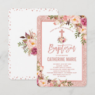 Girly Rose Gold Floral Baptisse Baby Girl Einladung