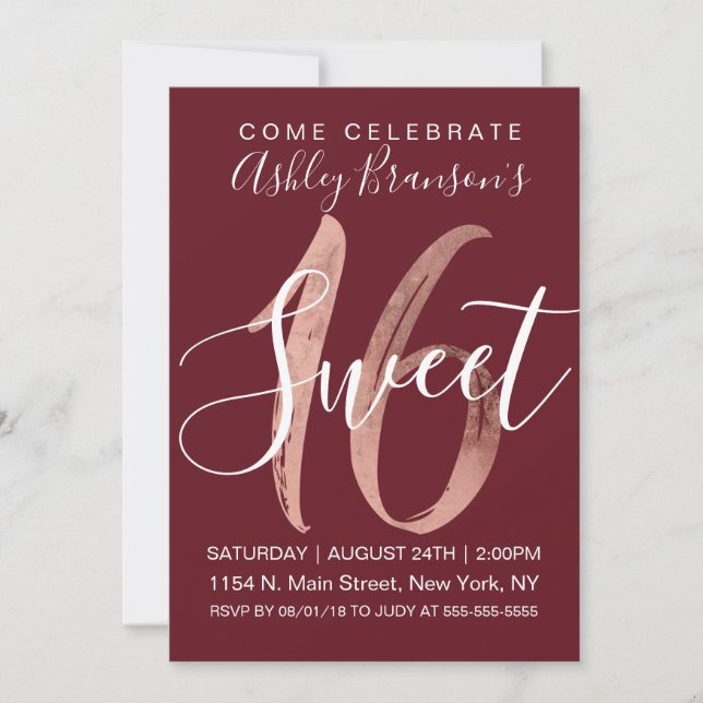 Girly Rose Gold Foil Burgund Red Sweet 16 Einladung (Vorderseite)