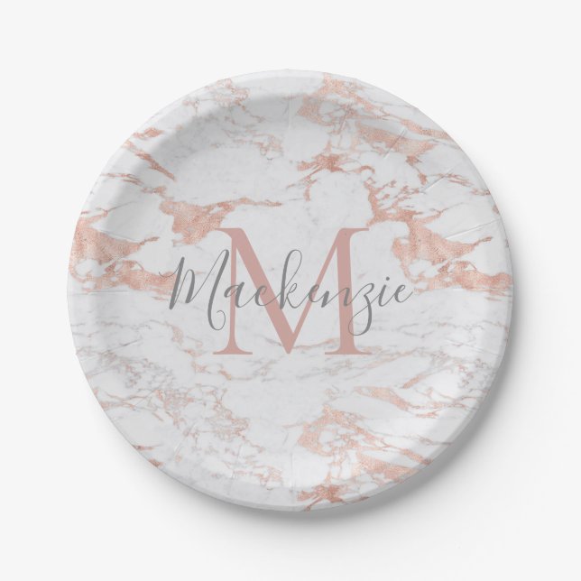 Girly Rose Gold Foil | Marmormonogramm Pappteller (Vorderseite)