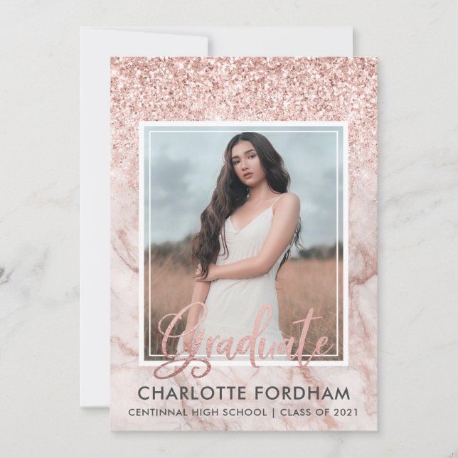 Girly Rose Gold Foto Graduation Party Einladung (Vorderseite)