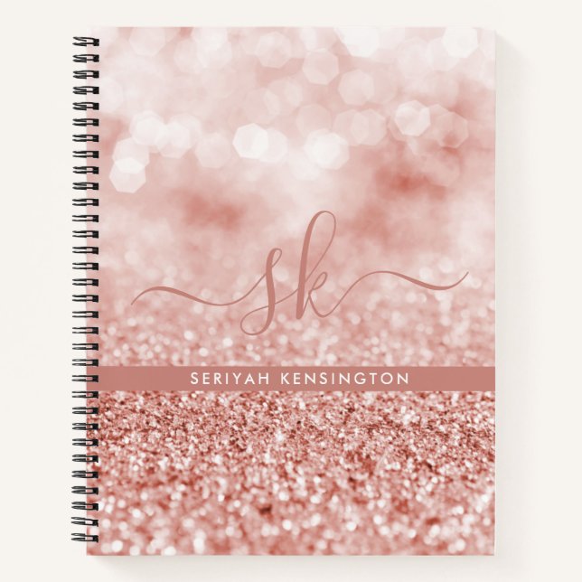Girly Rose Gold Glitzer Bokeh Luxe Monogram Notizbuch (Vorderseite)