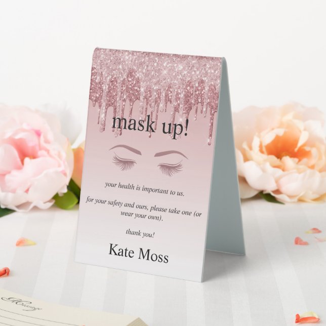 Girly Rose Gold Glitzer Eyelash Lebenssicherheit Tischaufsteller (In Situ (Hochzeit))