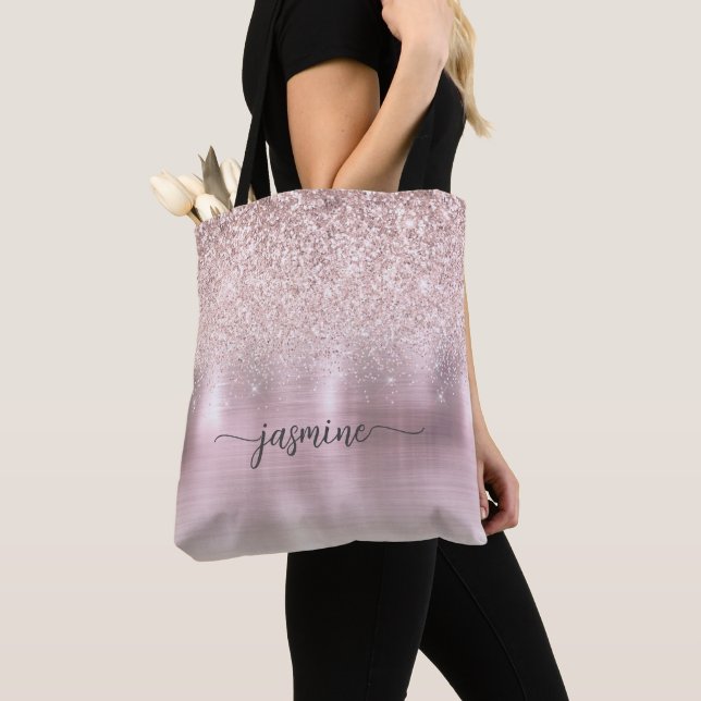 Girly Rose Gold Glitzer Pink Metal Name Script Tasche (Von Nahem)