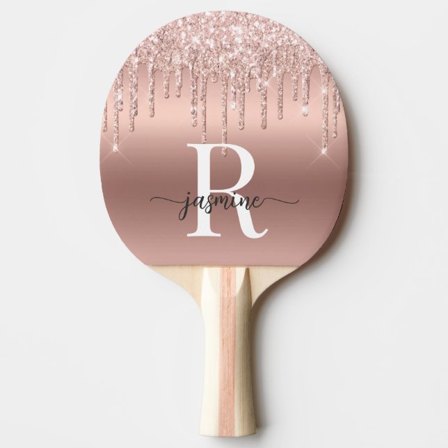 Girly Rose Gold Glitzer Tropfen Monogram Metal Tischtennis Schläger (Vorderseite)