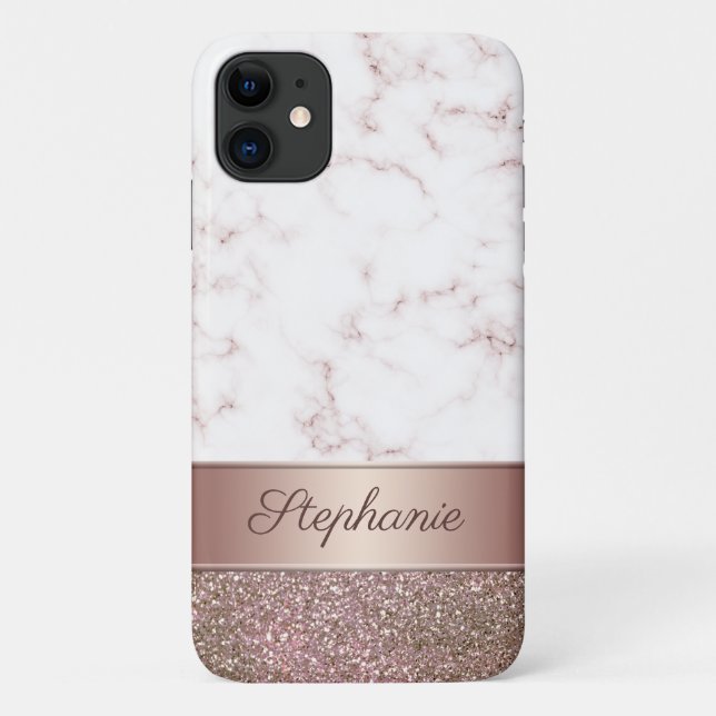 Girly Rose Gold Glitzer und Marmorskriptname Case-Mate iPhone Hülle (Rückseite)