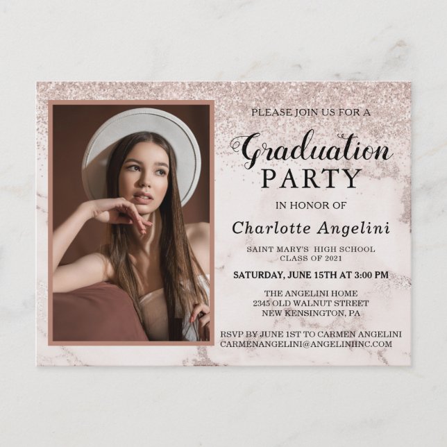 Girly Rose Gold Marble Glitzer Foto Abschluss Postkarte (Vorderseite)