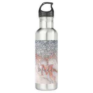 Girly Rose Gold Silver Marble Mit Monogramm Name Edelstahlflasche