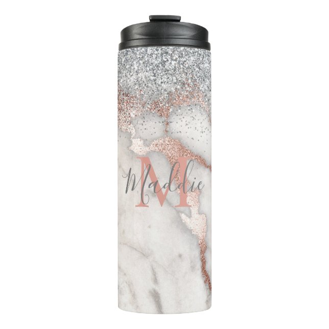 Girly Rose Gold Silver Marble Mit Monogramm Name Thermosbecher (Vorderseite)