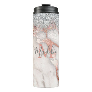 Girly Rose Gold Silver Marmor Mit Monogramm Name Thermosbecher