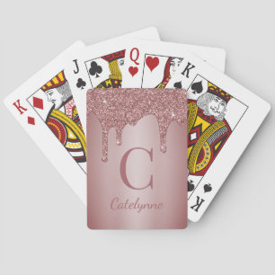 Girly Rose Gold Sparkle Dripping Glitter Monogram Spielkarten