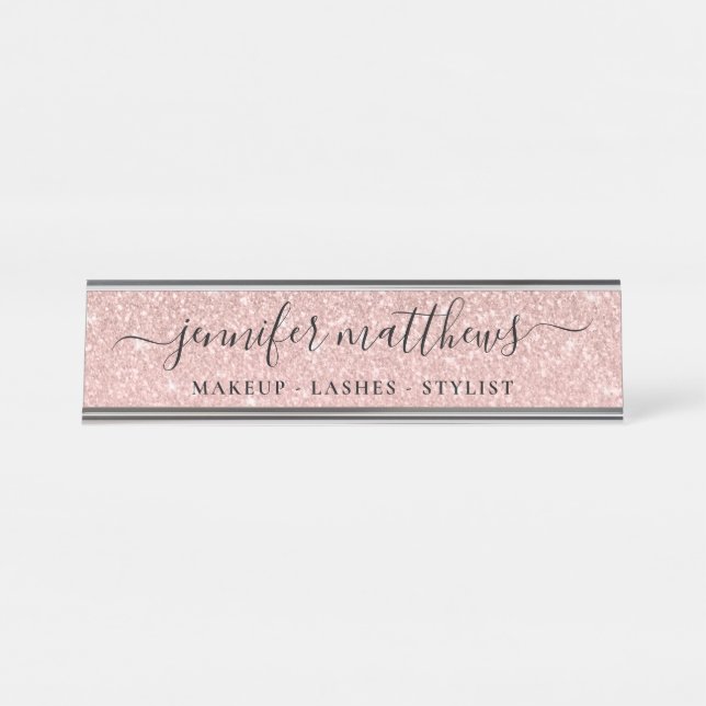 Girly Rose Gold Sparkle Glitzer Makeup Schreibtischnamensplakette (Vorderseite )