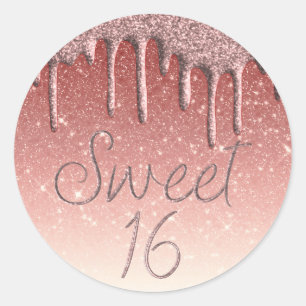 Girly Rose Gold Sweet 16 Geburtstag Glitzer Tropfe Runder Aufkleber