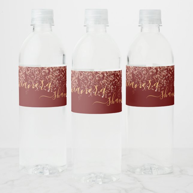 Girly Rose Gold und Burgund Monogram Sparkle (Flaschen)