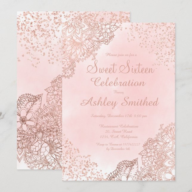 Girly Rose Goldblume Glitzer Konfetti Süß 16 Einladung (Vorne/Hinten)
