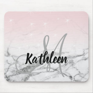 Girly Rose Pink Gray Marmor Monogram Name Mousepad