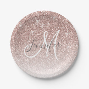 Girly Rosen-GoldGlitzer erröten Monogramm-Name Pappteller