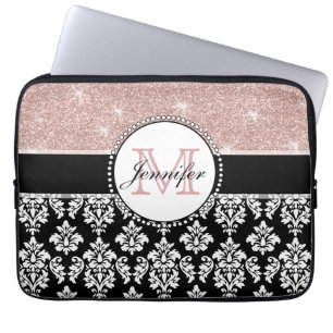 Girly Rosen-GoldGlitzer-Schwarz-Damast mit Laptopschutzhülle