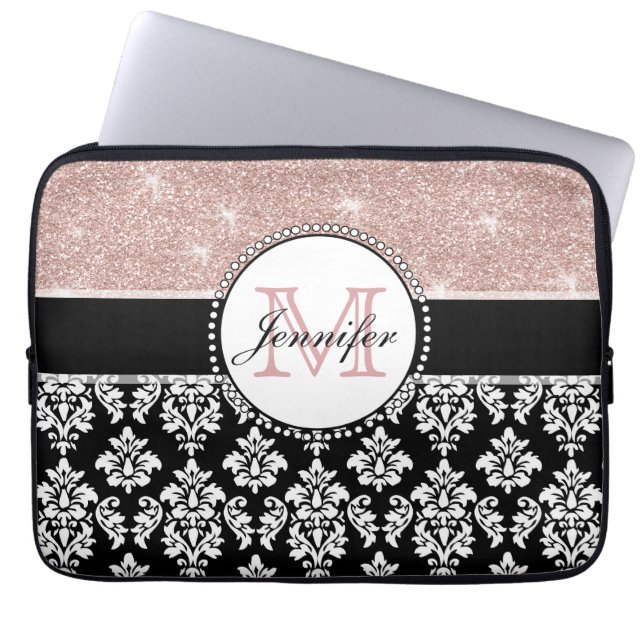 Girly Rosen-GoldGlitzer-Schwarz-Damast mit Laptopschutzhülle (Vorderseite)
